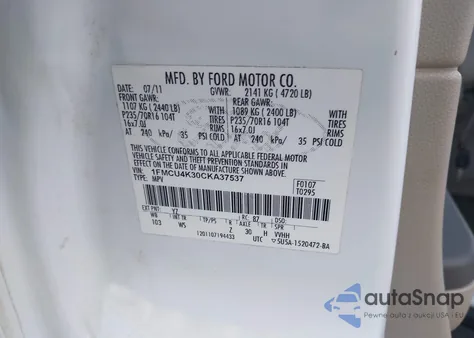 2012 Ford Escape Hybrid z USA, uszkodzony, nr VIN 1FMCU4K30CKA37537